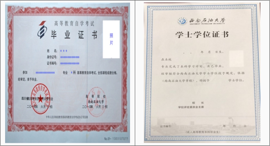 西南石油大学自考毕业证书样本