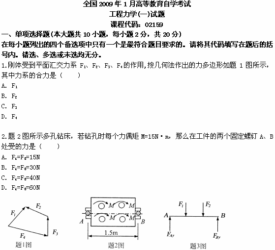 全国2009年1月高等教育自学考试工程力学(一)试题(图1) 全国2009年1月高等教育自学考试工程力学(一)试题(图1)