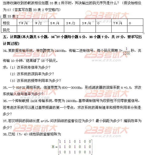 全国2011年4月高等教育自学考试数据通信原理试题(图5) 全国2011年4月高等教育自学考试数据通信原理试题(图5)